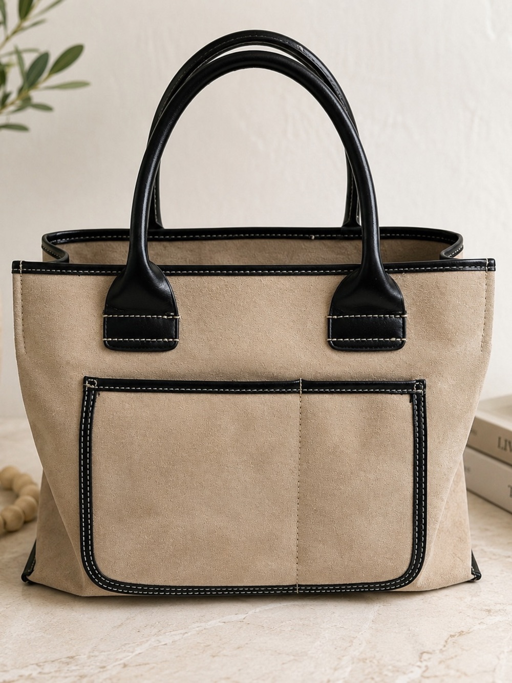 Saks Fifth Avenue Leather Suede Tote Taupe Black Structured Handbag Old Money